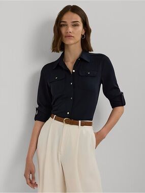 Chaps Classic Linen Navy Military Tab Button-Up Shirt w/ Roll-Tab Sleeves- XL